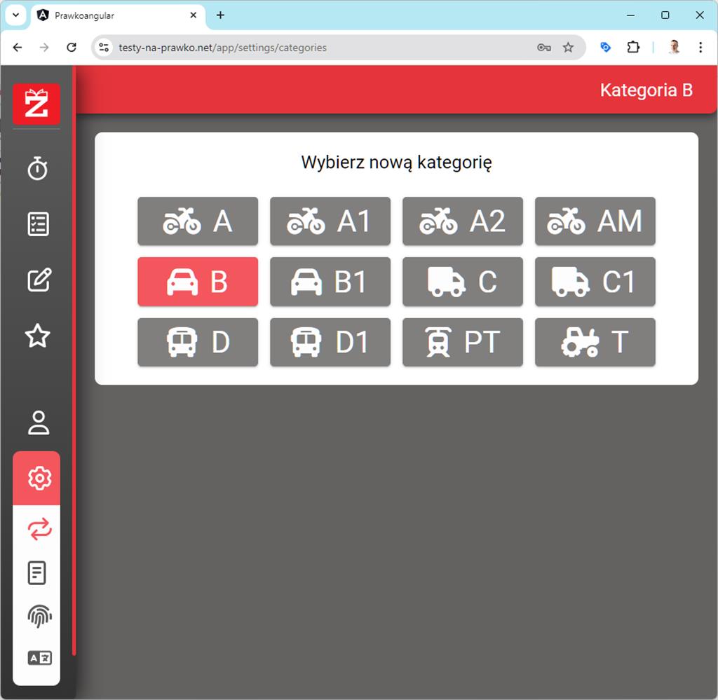 Testy na prawo jazdy - wybór kategorii : A, B, A1, A2, B1, C, C1, D, D1, PT
